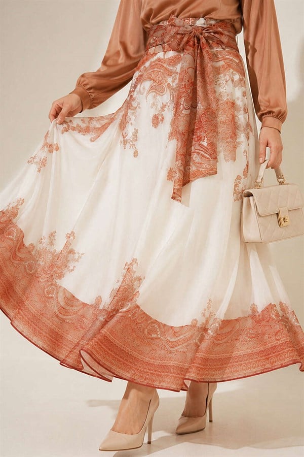 Ethnic Patterned Skirt with Self-Belt, Tan