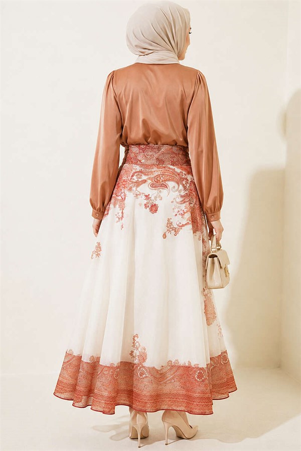 Ethnic Patterned Skirt with Self-Belt, Tan