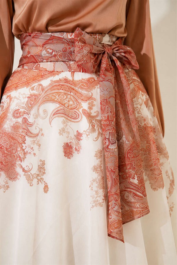 Ethnic Patterned Skirt with Self-Belt, Tan