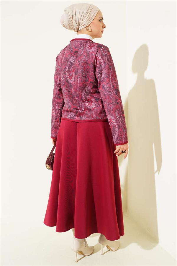 Ethnic Patterned Scuba Skirt and 2 Piece Set in Burgundy
