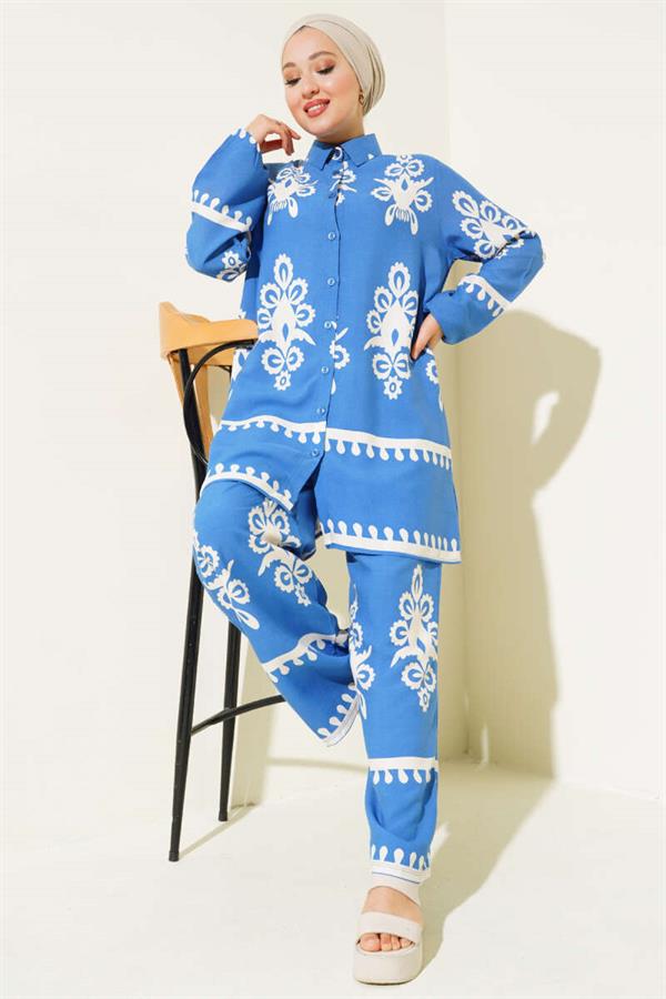 Ethnic Patterned Viscose 2 Piece Set Blue