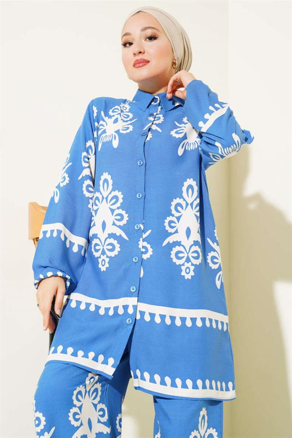 Ethnic Patterned Viscose 2 Piece Set Blue