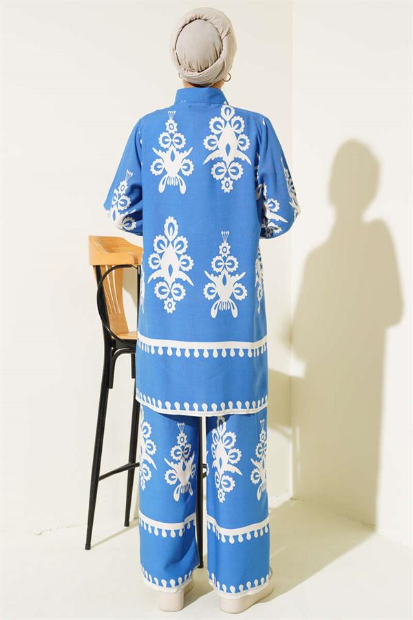 Ethnic Patterned Viscose 2 Piece Set Blue