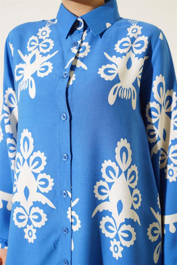 Ethnic Patterned Viscose 2 Piece Set Blue