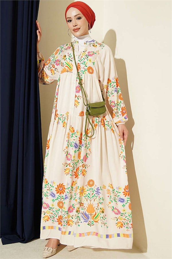 Ethnic Patterned Half-Button Dress, Beige