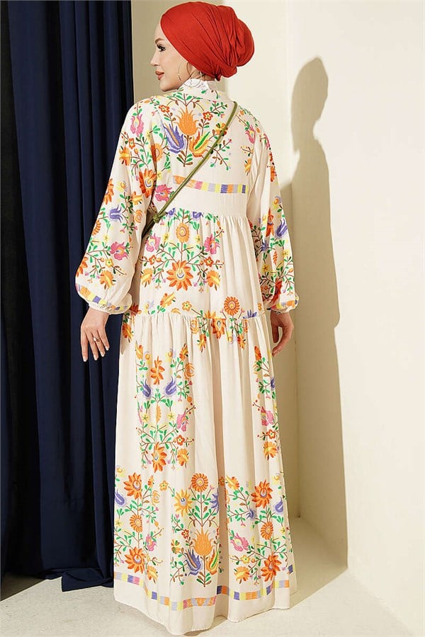 Ethnic Patterned Half-Button Dress, Beige