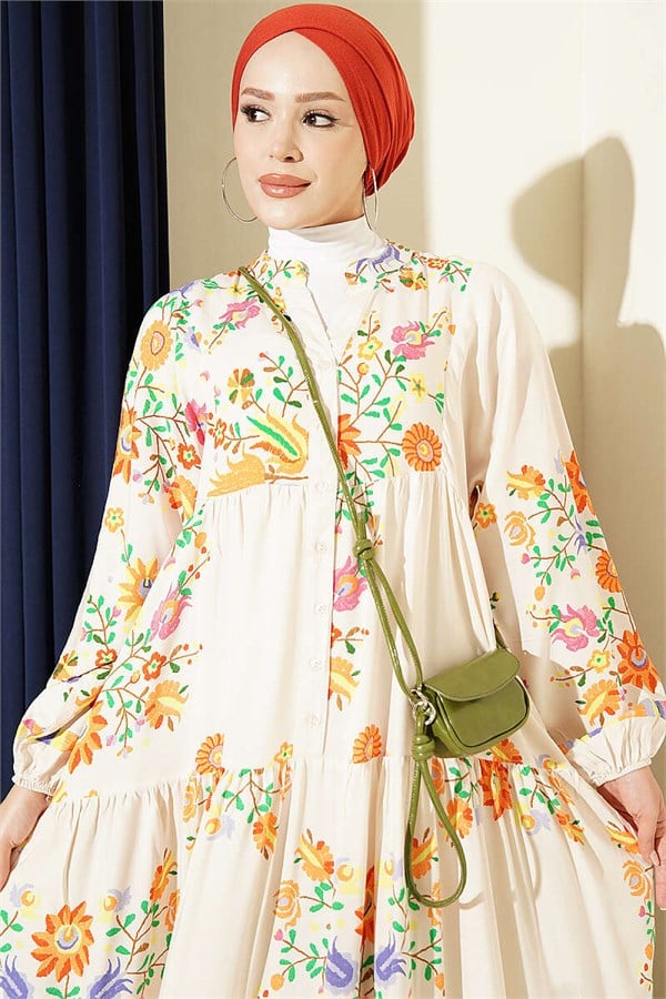 Ethnic Patterned Half-Button Dress, Beige