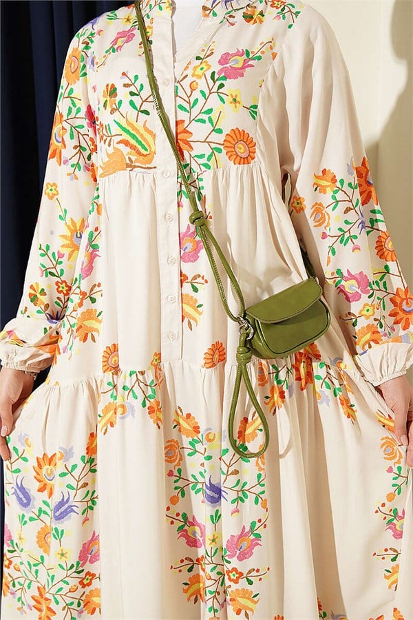 Ethnic Patterned Half-Button Dress, Beige