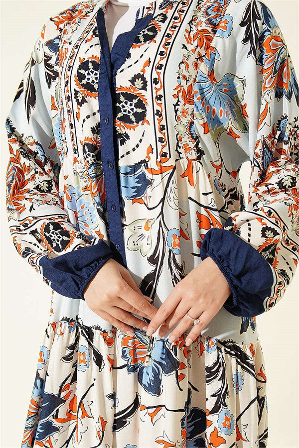Navy Blue Half-Button Dress with Ethnic Pattern