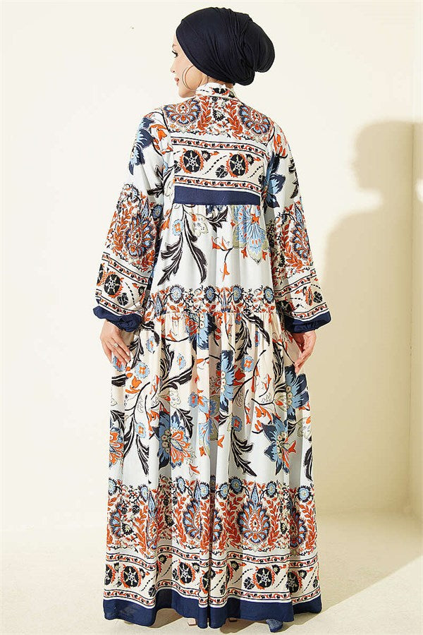 Navy Blue Half-Button Dress with Ethnic Pattern