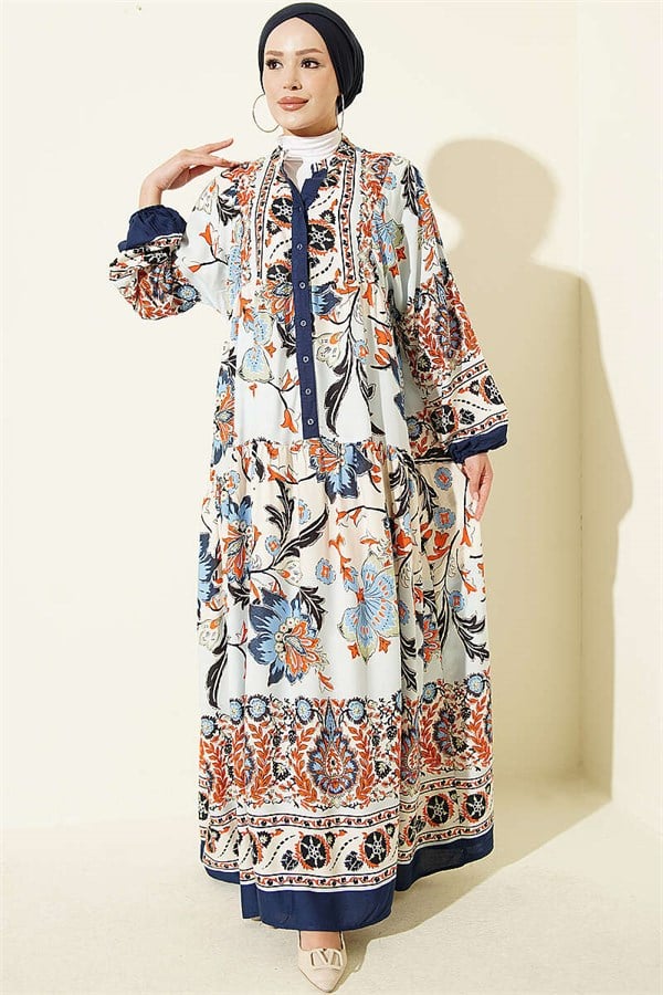 Navy Blue Half-Button Dress with Ethnic Pattern
