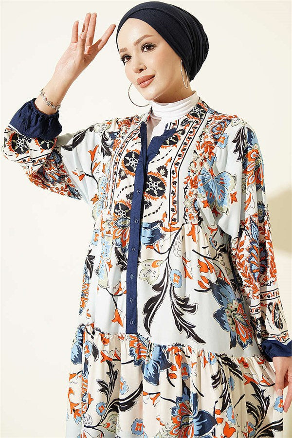 Navy Blue Half-Button Dress with Ethnic Pattern