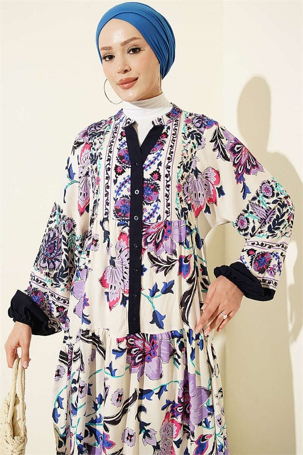 Ethnic Patterned Half-Button Dress Lilac