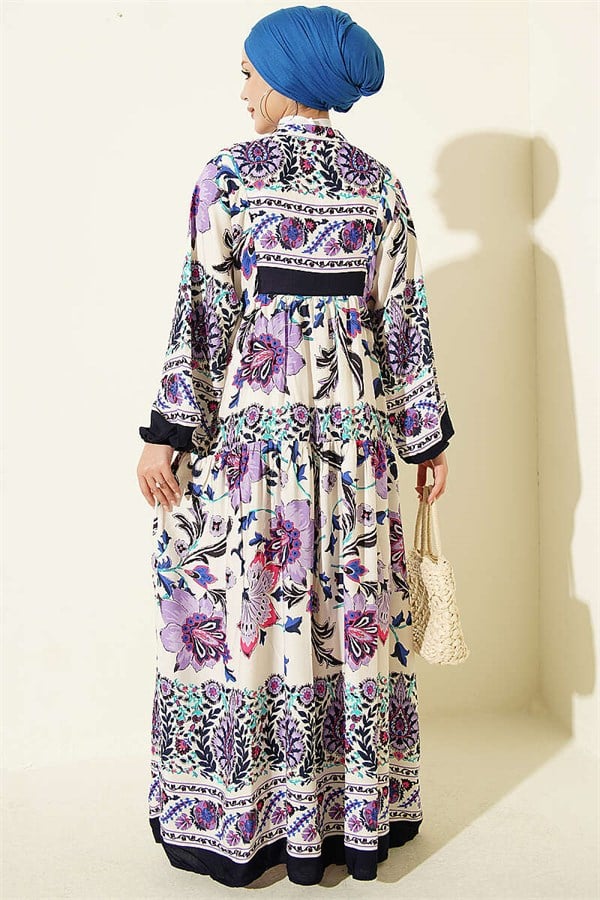 Ethnic Patterned Half-Button Dress Lilac