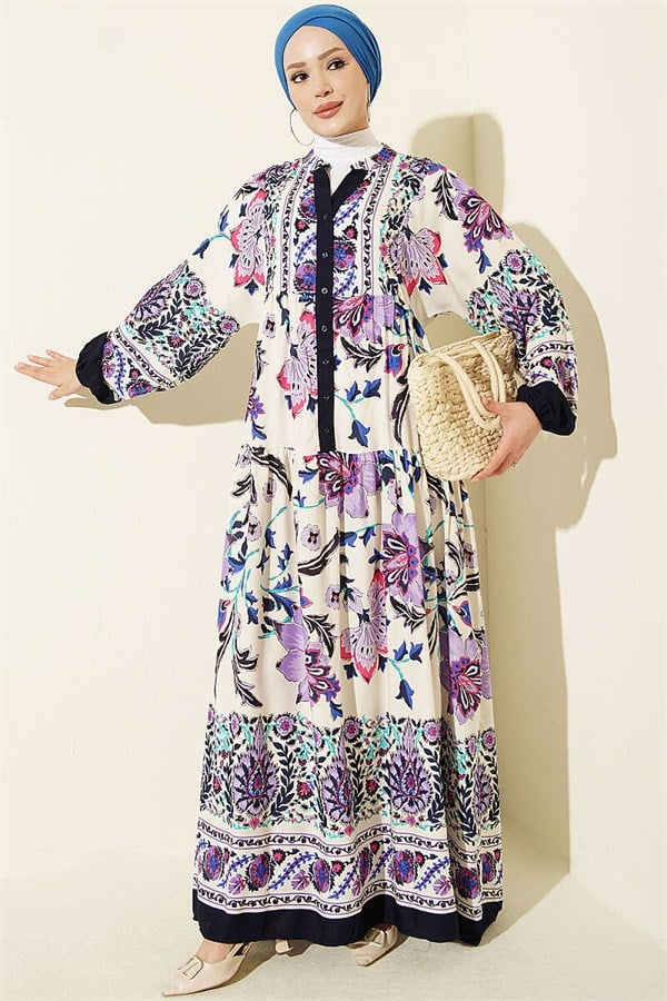 Ethnic Patterned Half-Button Dress Lilac