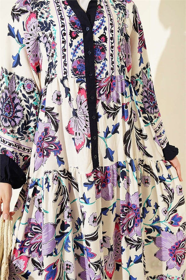 Ethnic Patterned Half-Button Dress Lilac