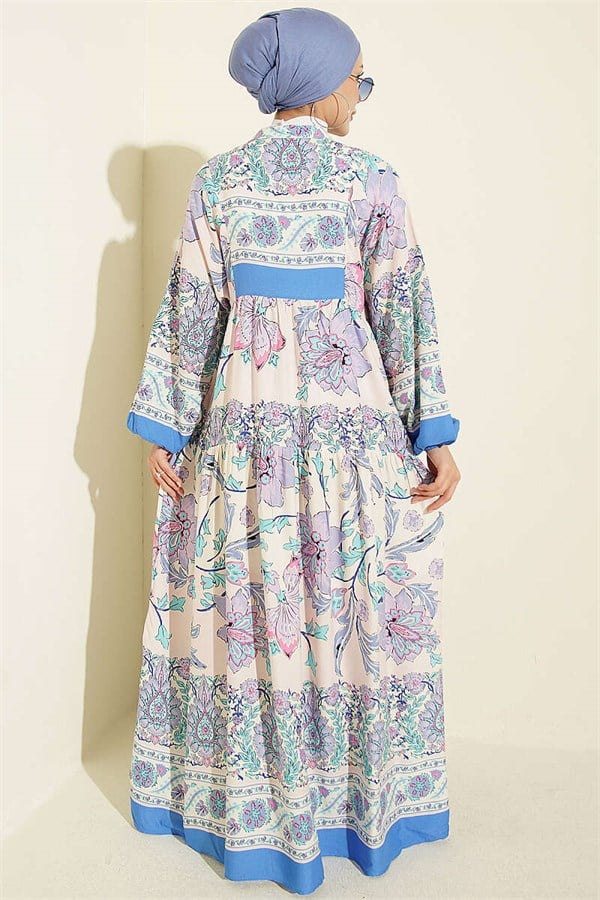 Ethnic Patterned Half-Button Dress, Blue