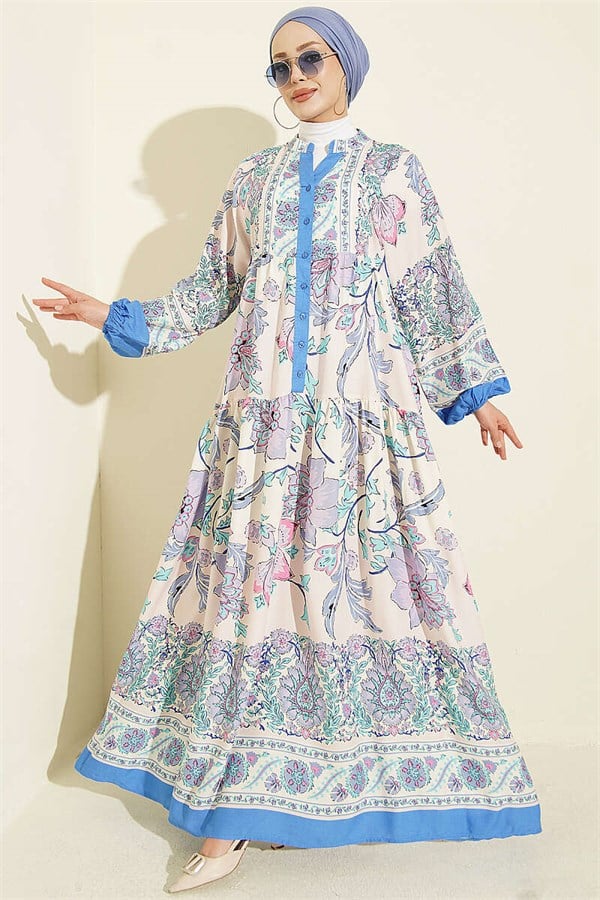 Ethnic Patterned Half-Button Dress, Blue