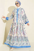 Ethnic Patterned Half-Button Dress, Blue