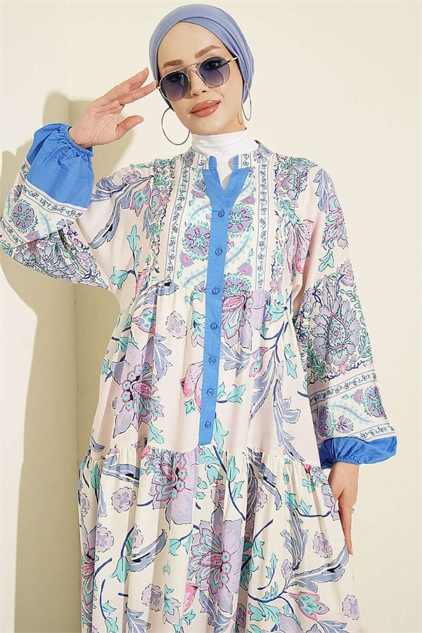 Ethnic Patterned Half-Button Dress, Blue