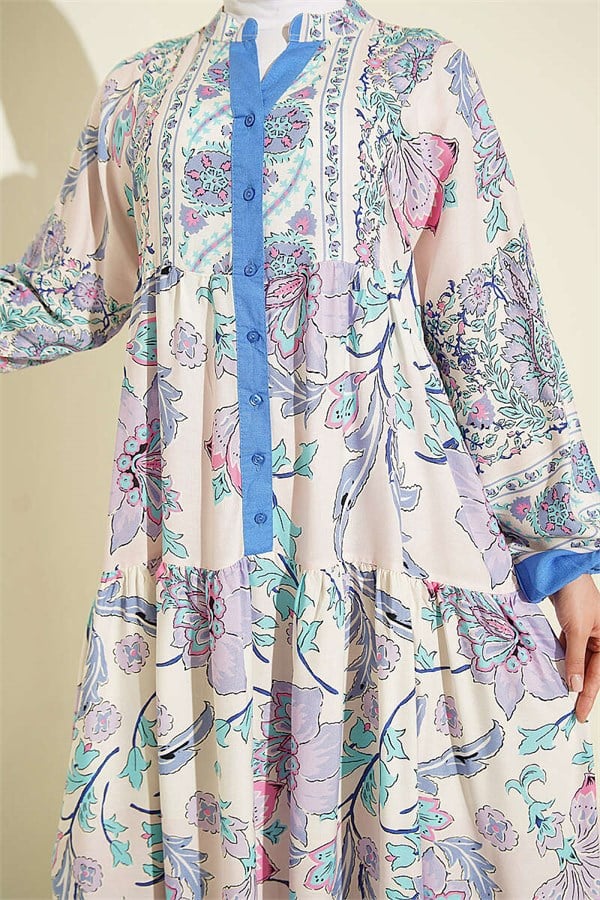 Ethnic Patterned Half-Button Dress, Blue