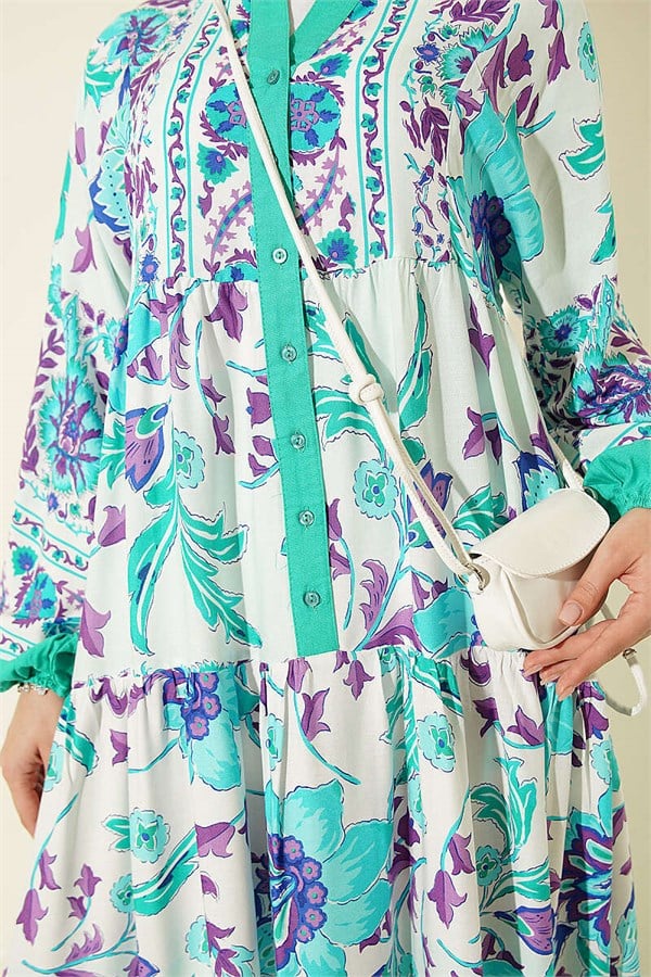 Ethnic Patterned Half-Button Dress Green