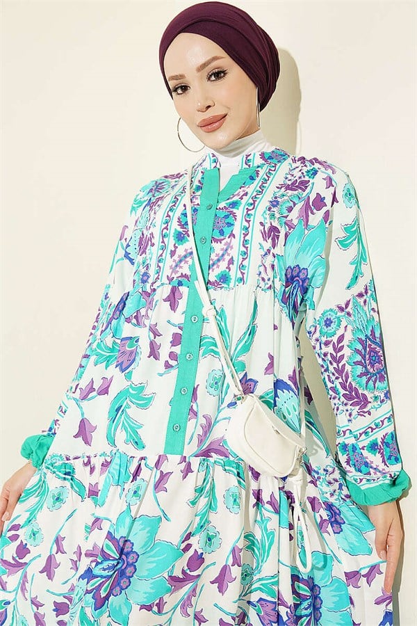 Ethnic Patterned Half-Button Dress Green