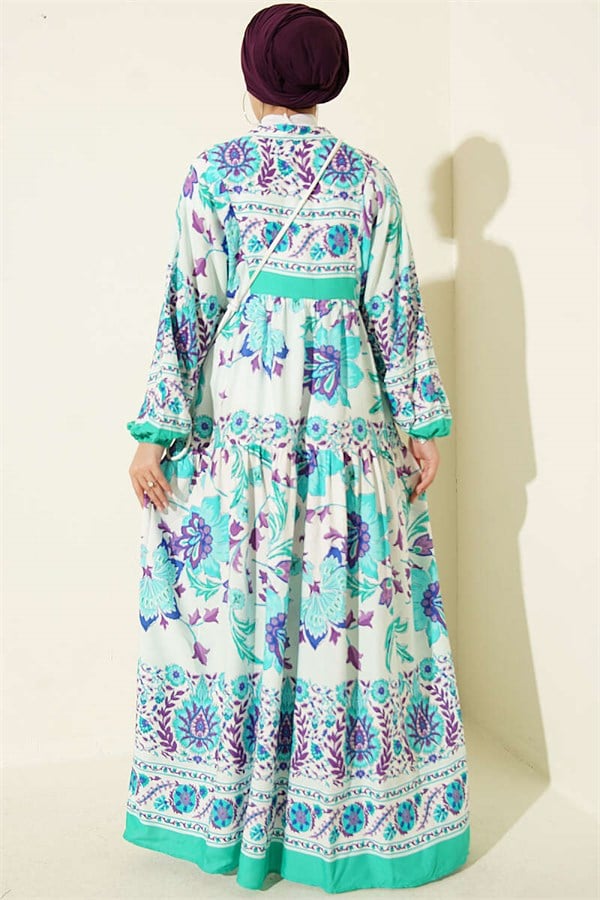 Ethnic Patterned Half-Button Dress Green