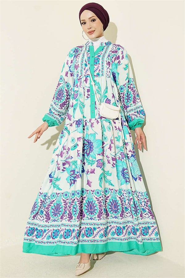 Ethnic Patterned Half-Button Dress Green