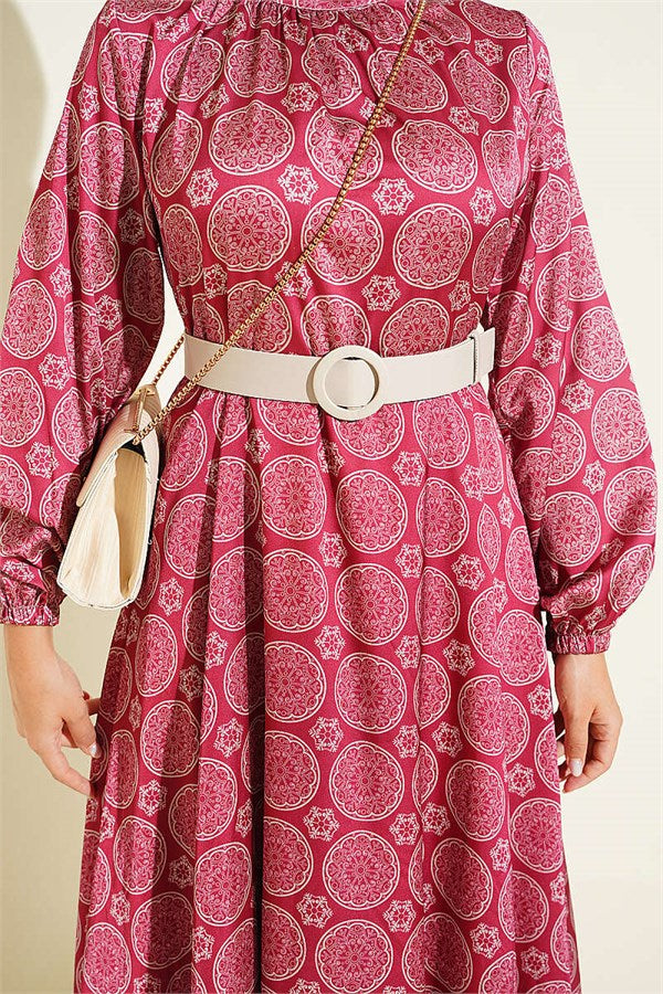 Ethnic Motif Flared Satin Dress, Burgundy