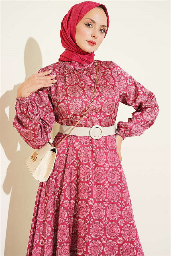 Ethnic Motif Flared Satin Dress, Burgundy