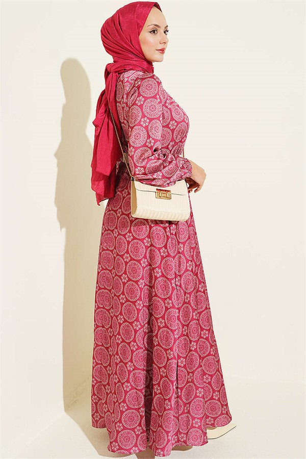 Ethnic Motif Flared Satin Dress, Burgundy