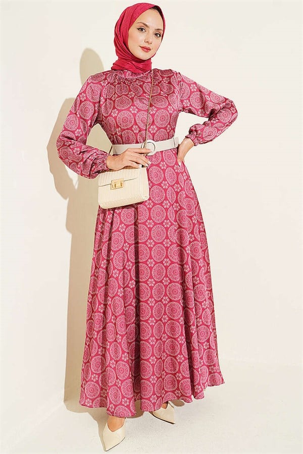 Ethnic Motif Flared Satin Dress, Burgundy