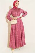 Ethnic Motif Flared Satin Dress, Burgundy
