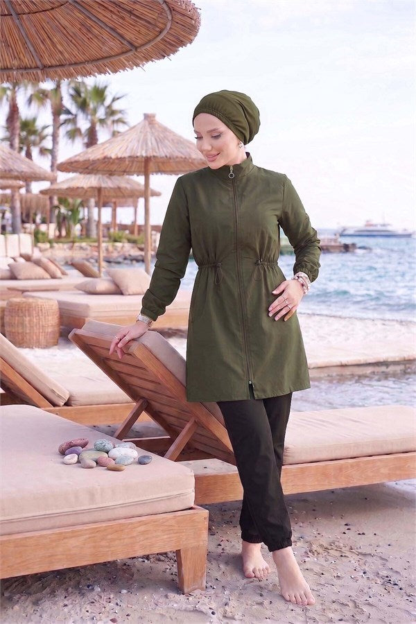 Zipper Detail Modest Swimsuit Khaki
