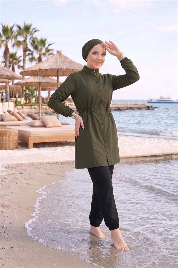 Zipper Detail Modest Swimsuit Khaki