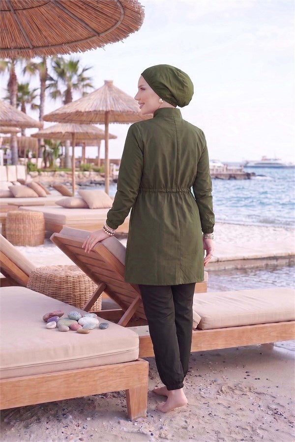 Zipper Detail Modest Swimsuit Khaki