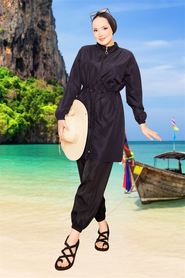 Zipper Detailed Hijab Swimsuit Navy Blue
