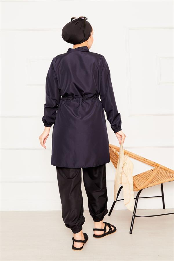 Zipper Detailed Hijab Swimsuit Navy Blue