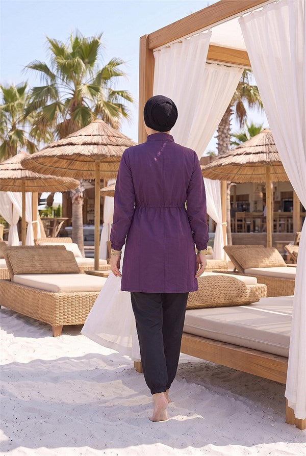 Purple Modest Swimsuit with Zipper Detail