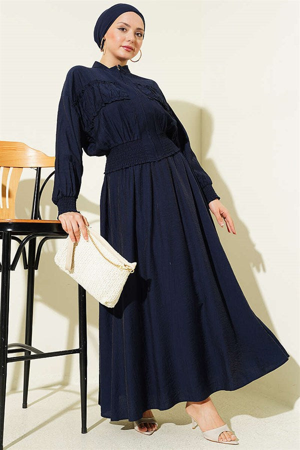 2 Piece Set with zippered waistband and skirt, navy blue.