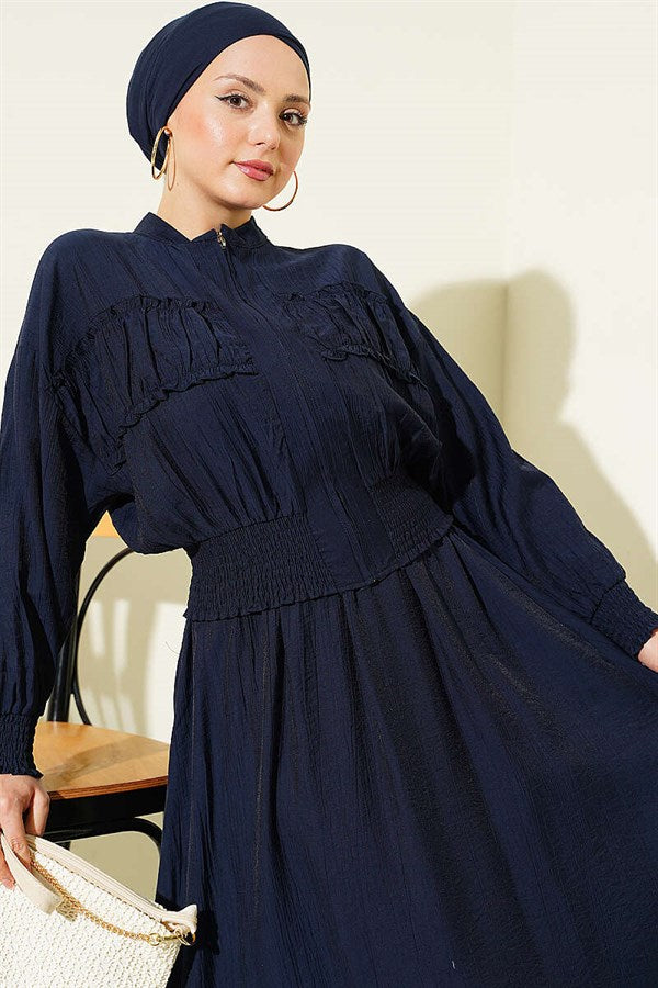 2 Piece Set with zippered waistband and skirt, navy blue.