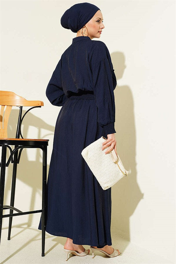 2 Piece Set with zippered waistband and skirt, navy blue.