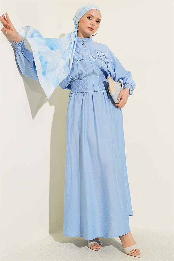 2 Piece Set with zippered waistband and skirt, blue.