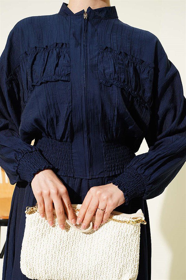 2 Piece Set with zippered waistband and skirt, navy blue.