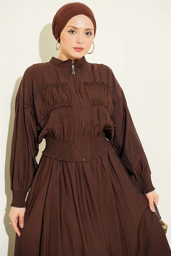 2 Piece Set in coffee color: Zippered, Waist-Gift Skirt.
