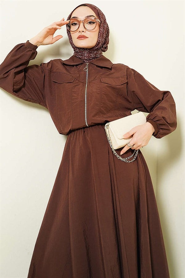 Two-Piece Parachute Jacket and Skirt 2 Piece Set in Coffee Color