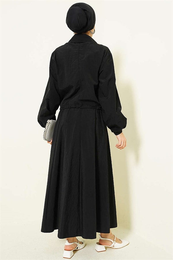 Zip-up Jacket and Skirt Parachute 2 Piece Set, Black