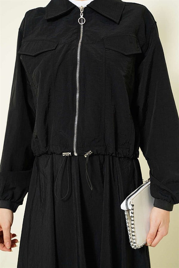 Zip-up Jacket and Skirt Parachute 2 Piece Set, Black
