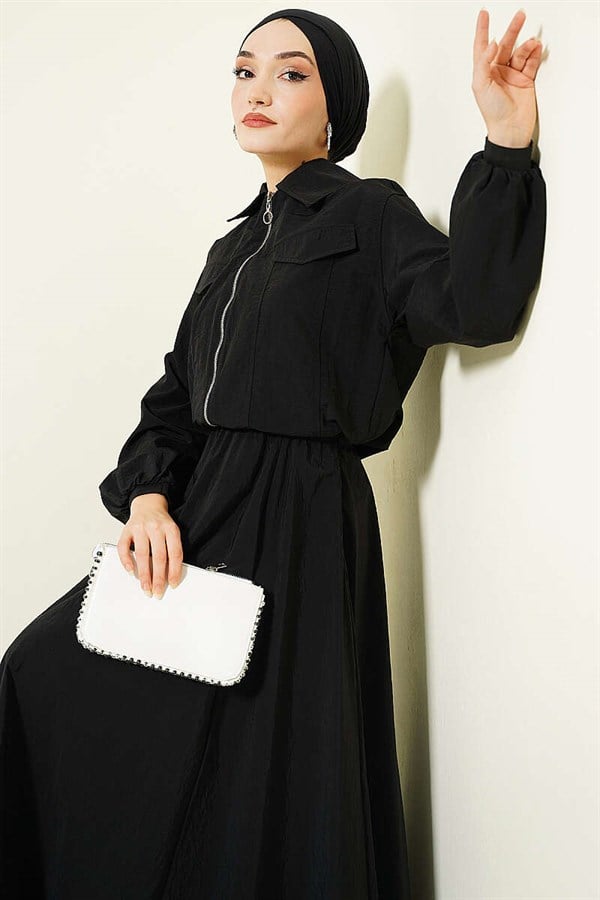 Zip-up Jacket and Skirt Parachute 2 Piece Set, Black